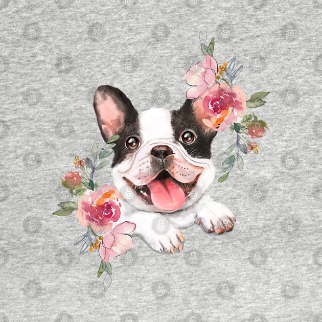 Cute French Bulldog with Flowers Watercolor Art by AdrianaHolmesArt